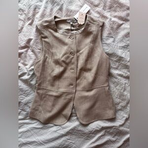 Maison d’Amélie Paris Tailored Vest Beige Linen Blend Peplum Waistcoat Elegant